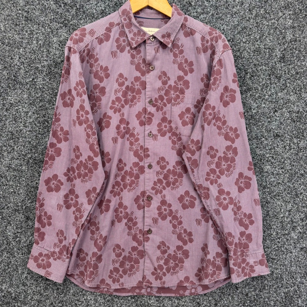 Tommy Bahama Mens Medium Floral Gingham Cotton Button Down Shirt Burgundy Blue